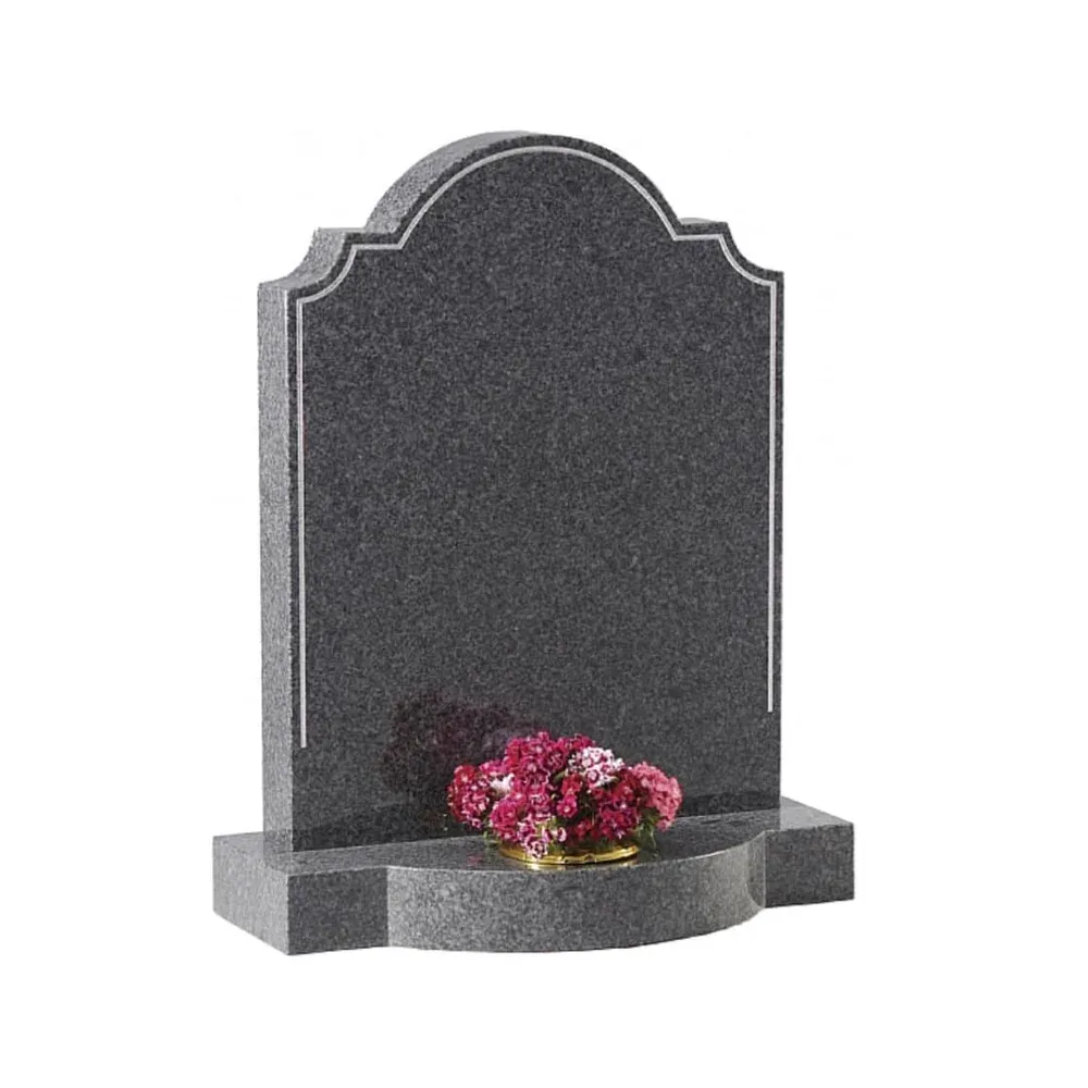 Grey granite ogee headstone with a matching base, an example of the memorial styles available from FR Terrazzo